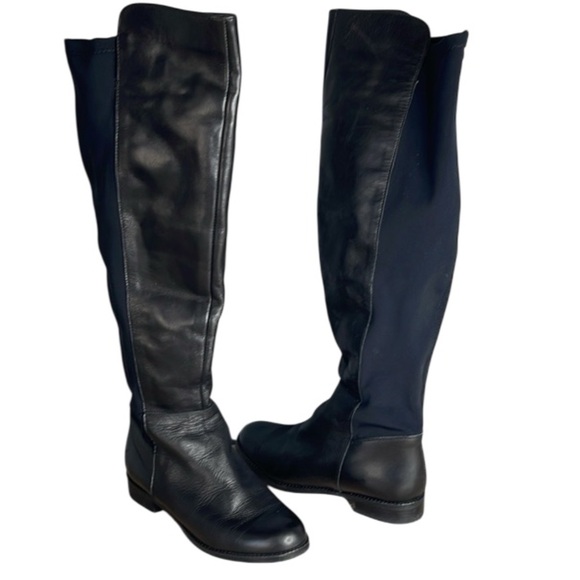 Aldo Knee-High Leather Tall Riding Boots Black Textile Back Round Toe Size 7.5 - Picture 1 of 9